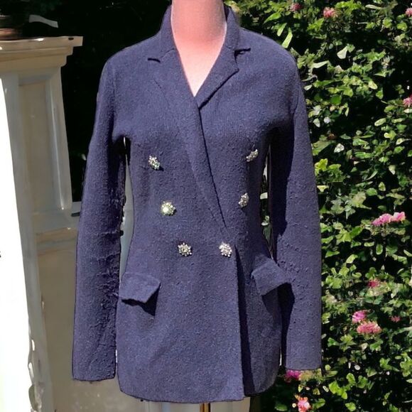 EXPRESS WOMENS SWEATER BLAZER DOUBLE BREASTED RHINESTONE EMBELLISHED BLUE SMALL - Picture 2 of 10